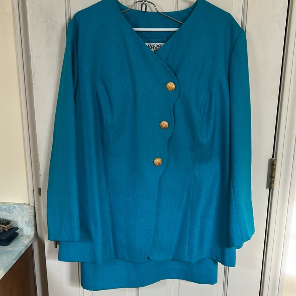 Kasper Blue Asymmetrical Blazer with V-Neckline